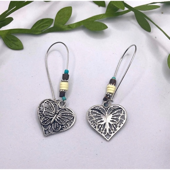 1 LEFT! Silver Beaded Butterfly Heart Drop Earrings - Picture 3 of 3